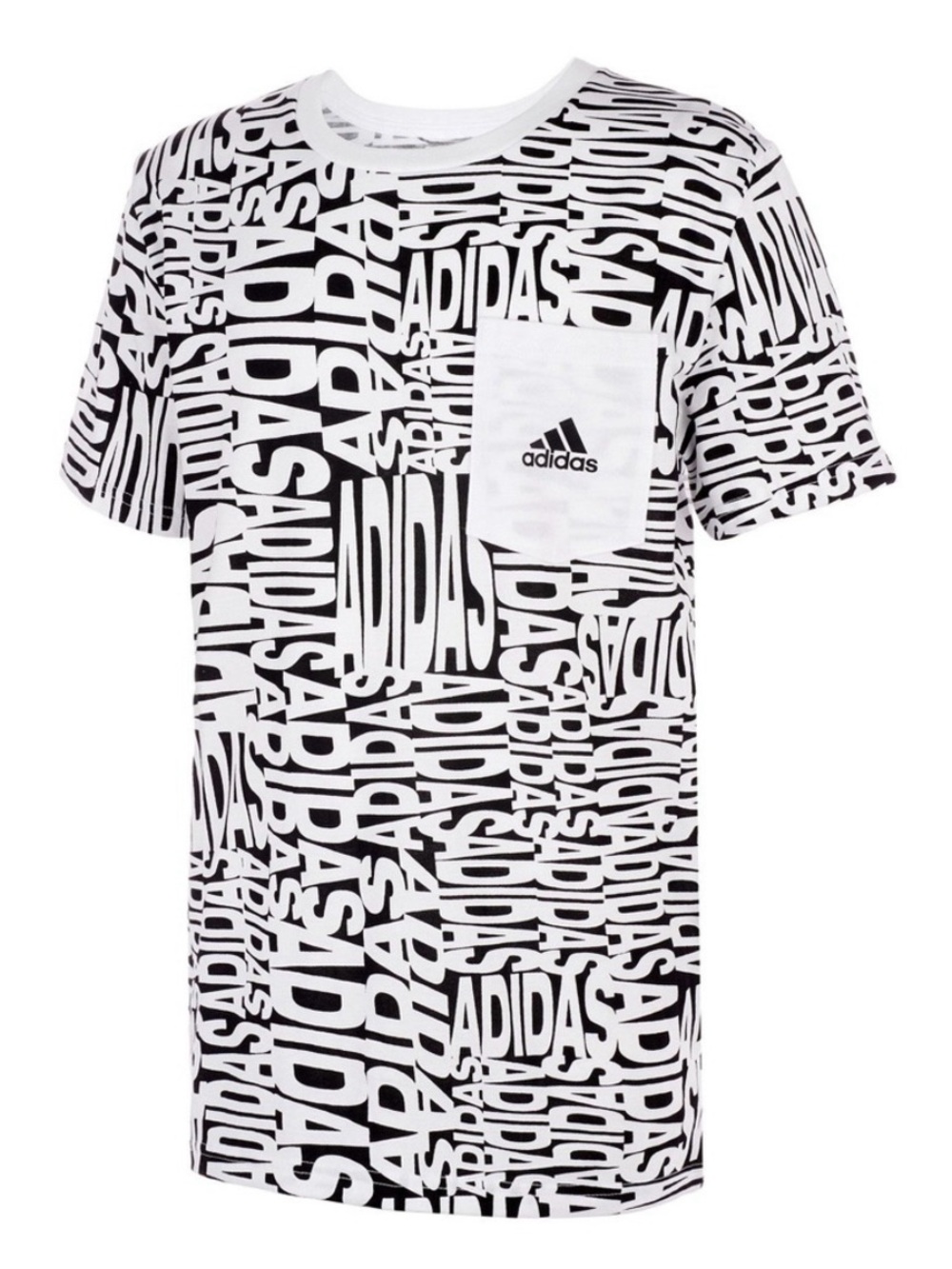 Adidas White Black All-Over Logo Print Pocket Graphic Crewneck Tee Boys XL 14/16